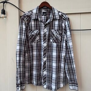 Various Artists Mens Slim Fit Plaid Button Down Shirt Brown White XL Long Sleeve